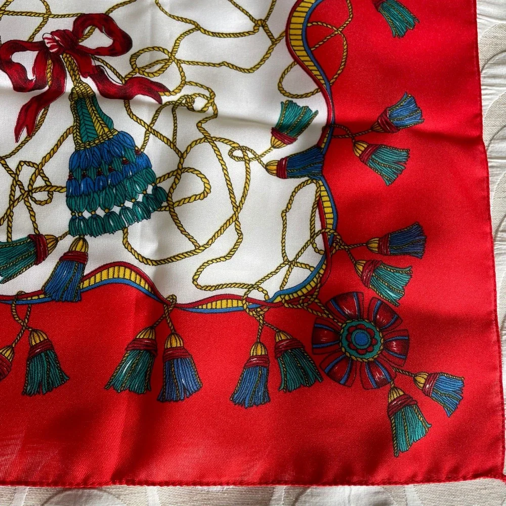 Berkshire Vintage Square Scarf Red White‎ Equestrian Tassel Made in Italy 31x31